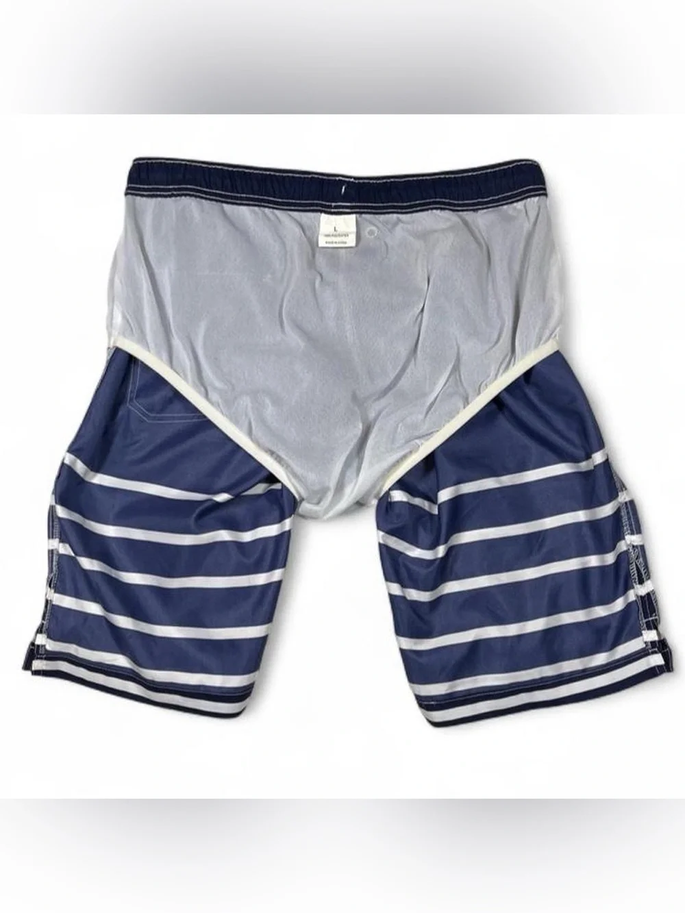 NWOT Peter Millar Navy Striped Swim Trunks Men’s Size L L8 Lined Logo Beach